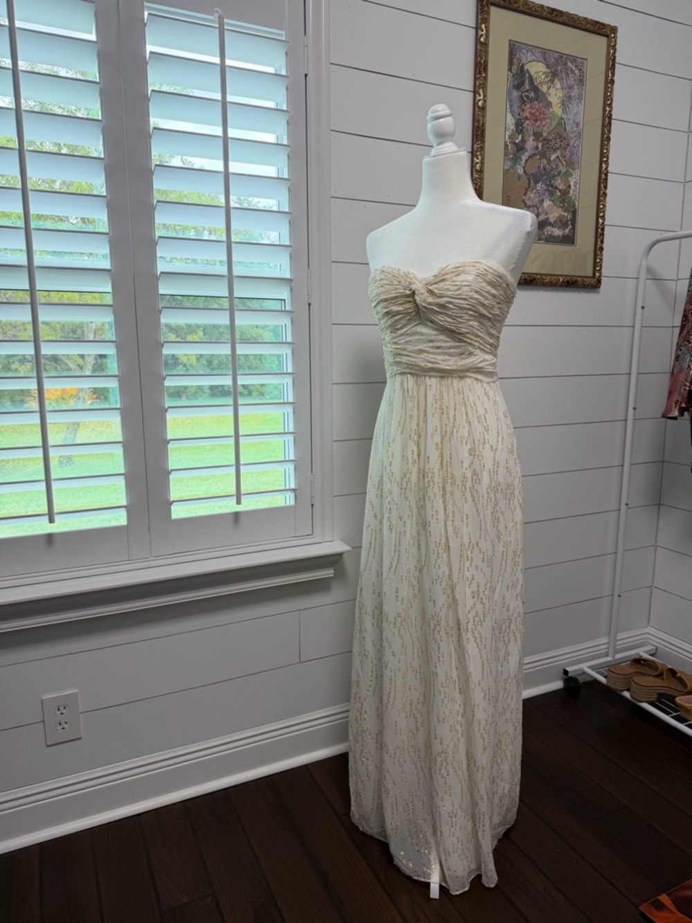 Stunning white and metallic gold strapless maxi dress